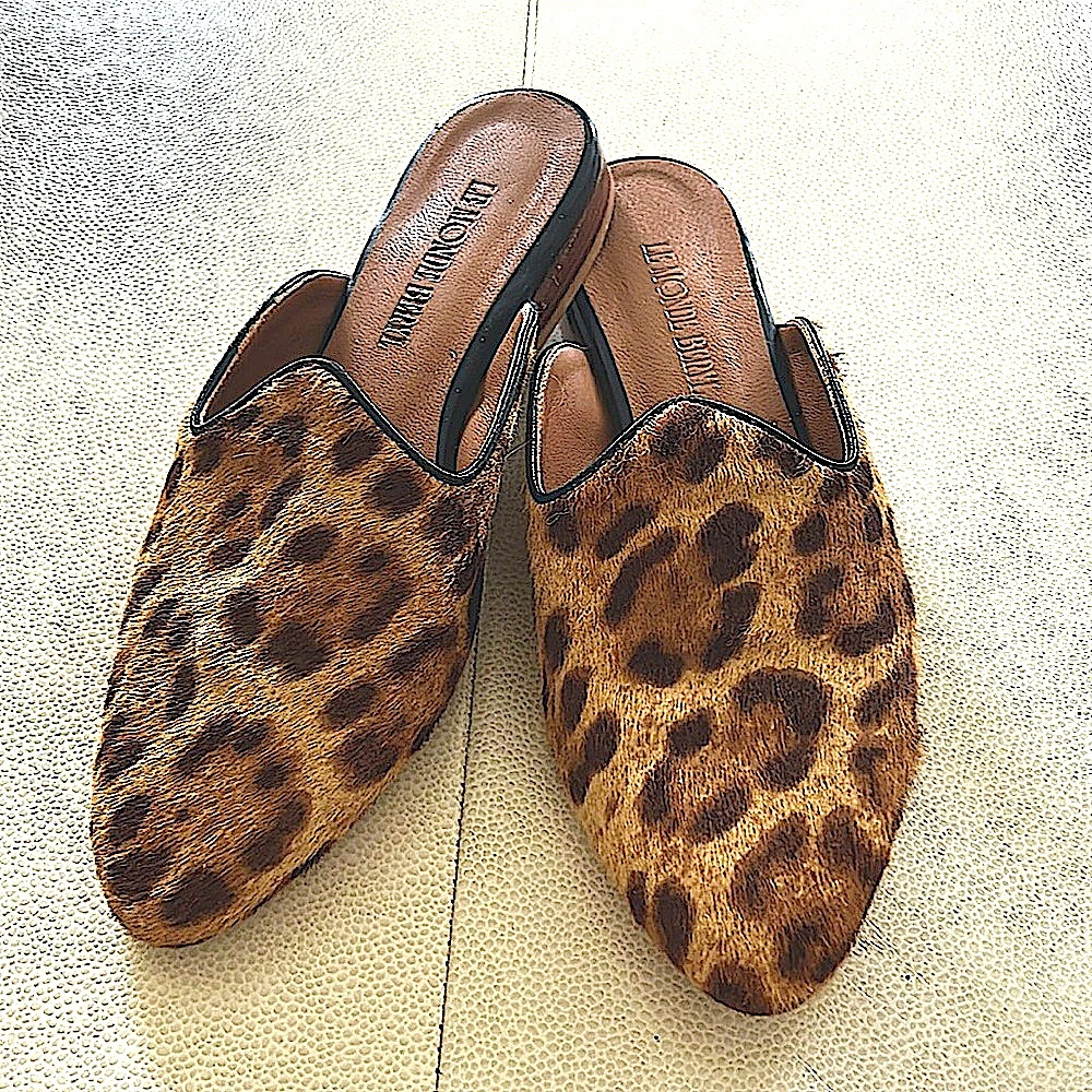 Le Monde Beryl Venetian Leopard Mule 37/US 6.5 Italy Calf Hair Luxury Slip On